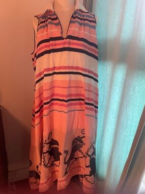Devotion TWINS Coral Pink Striped Midi Dress with Navy Animal Border